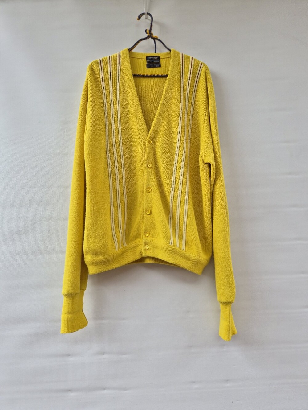 Vtg 60s Towncraft Plus Cardigan Sweater L Yellow Striped Mod Grunge Grandpa Core